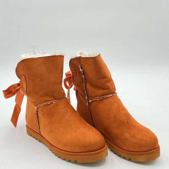 Brown Women Cute Winter Round Toe Comfy Low Heels Warm Fur Bows Ankle Snow Boots - Picture 3 of 6